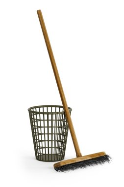 This image with a mop and garbage Baskets