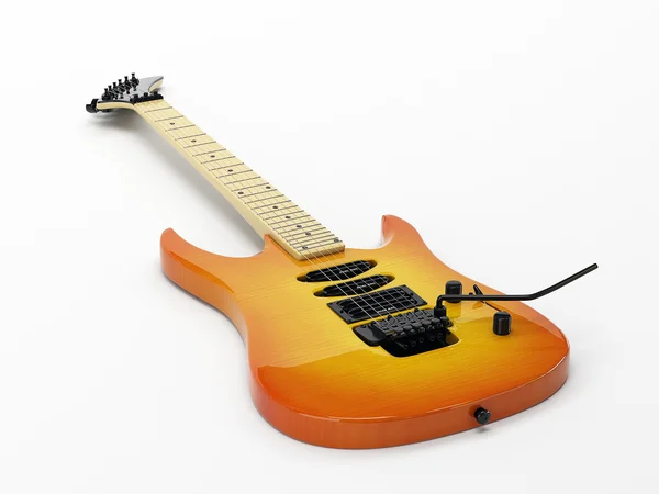 Žlutá Elektrická Kytara Oranžovým Nádechem Nachází Bílém Pozadí — Stock fotografie