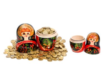 Two Matryoshkas. One Matryoshka is full of coins and another is empty at white background clipart