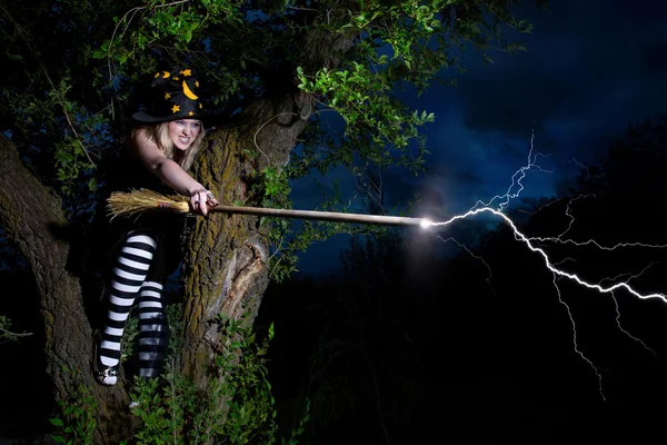 木の上に座って ほうきの柄から雷を打つ — ストック写真