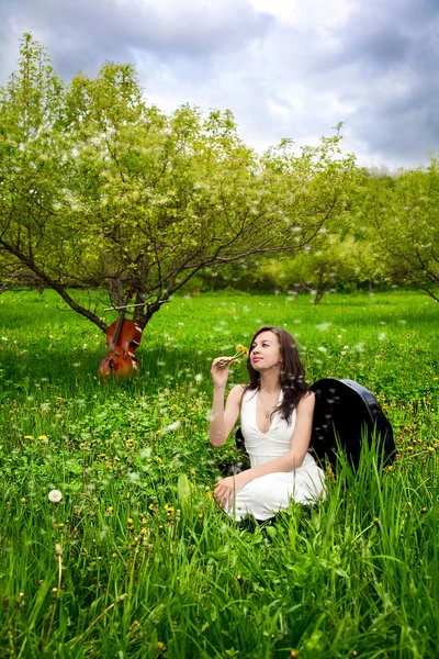 チェロのバック グラウンドでリンゴ園でチェロのケースに座って美しい少女 — ストック写真