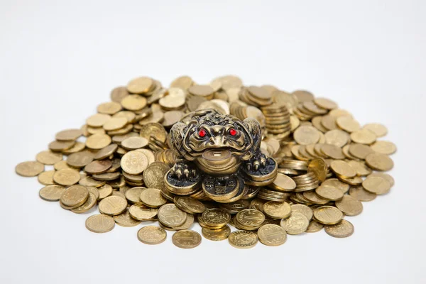 Feng Shui カエルの白い背景でカザフ語硬貨のヒープ上に座っています — ストック写真