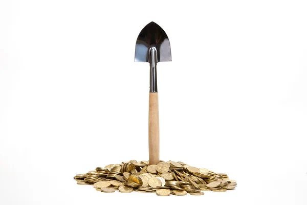 Shovel Standing Pile Coins White Background — Stock Photo, Image