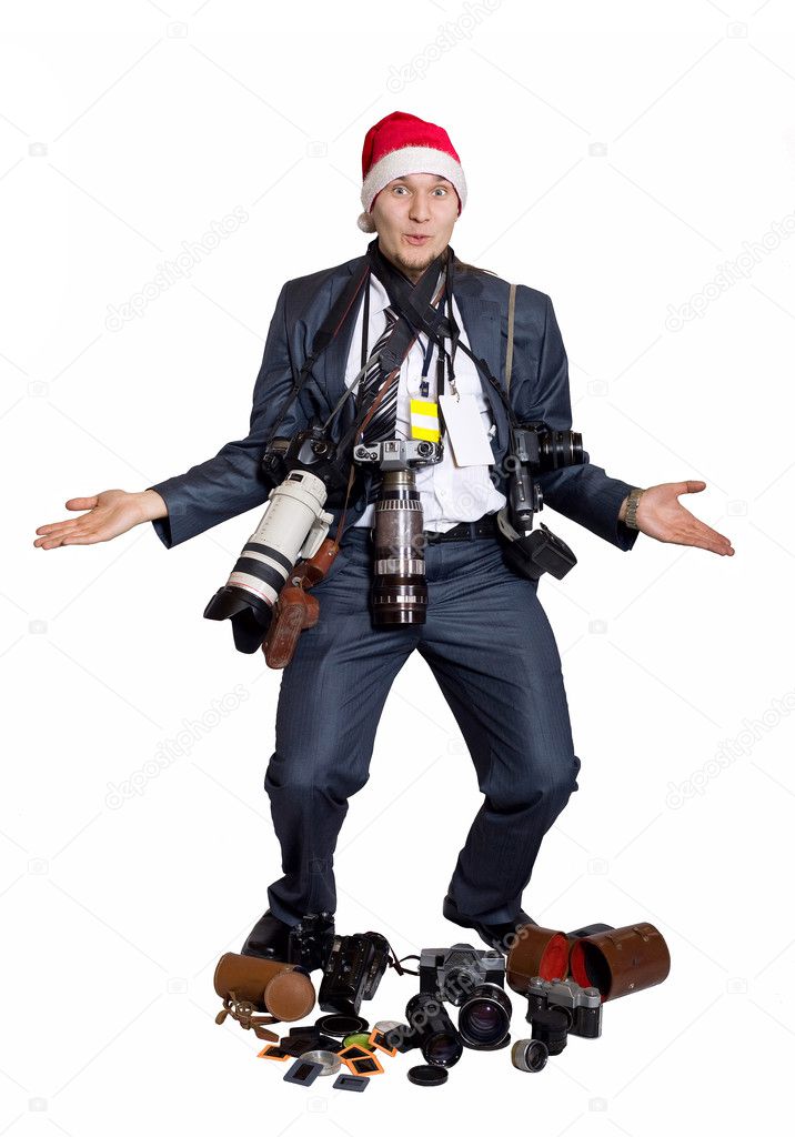 Photographer with camera isolated on white