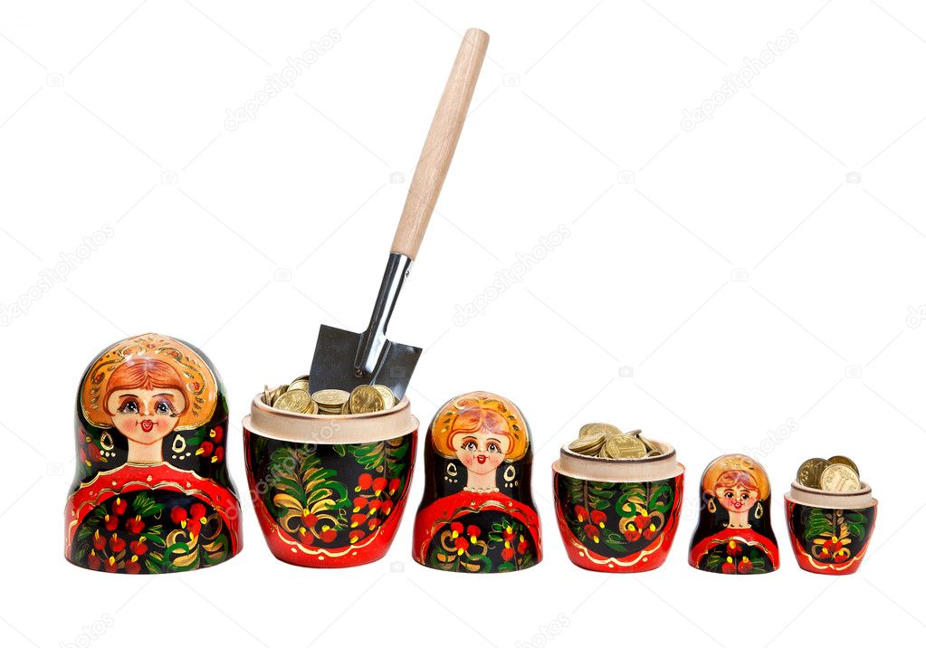Three Matryoshkas full of coins with shovel
