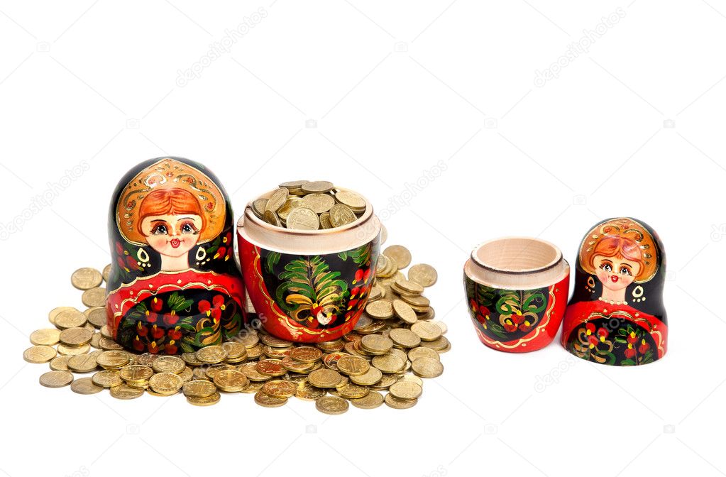 Two Matryoshkas. One Matryoshka is full of coins and another is empty at white background