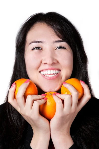 stock image Kazakh Girl with tree oranges