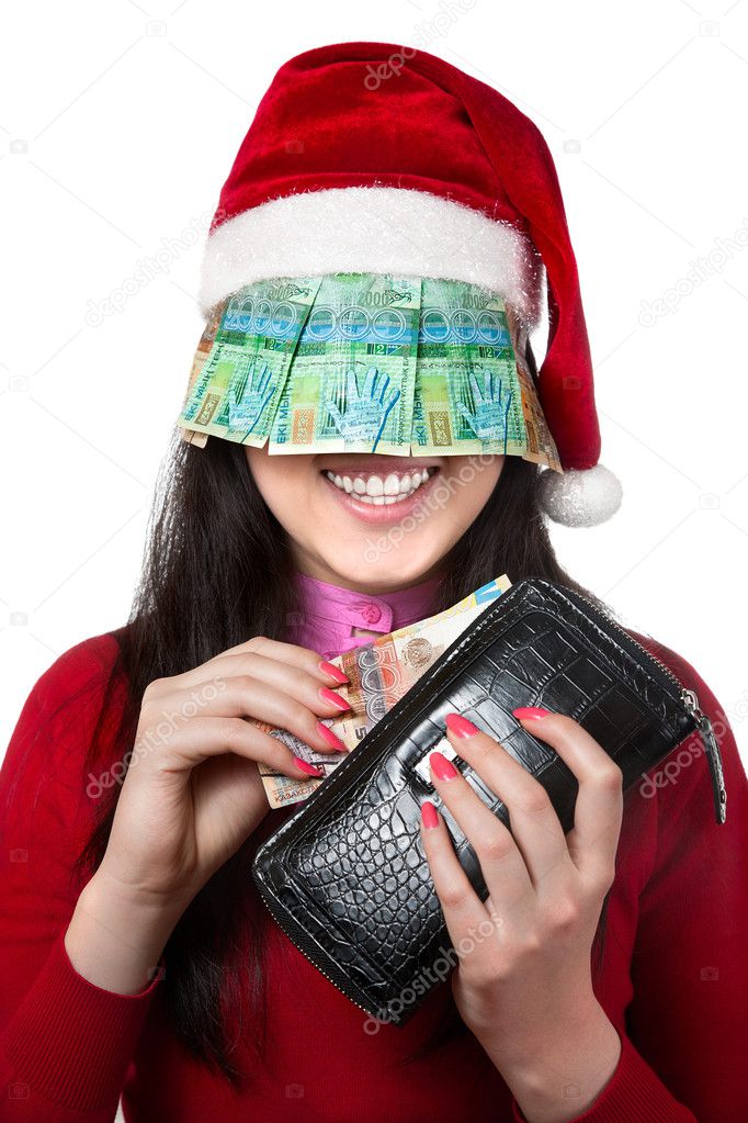 Girl with purse of Kazakh paper currency isolated on white background