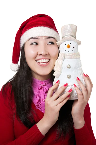 Vacker Asiatisk Tjej Leende Jul Hatt Med Snögubbe Isolerad Vit — Stockfoto