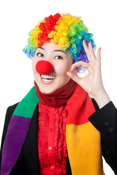 Happy Asian Clown Gesturing Sign Her Fingers Isolated White Background — Stock Photo, Image