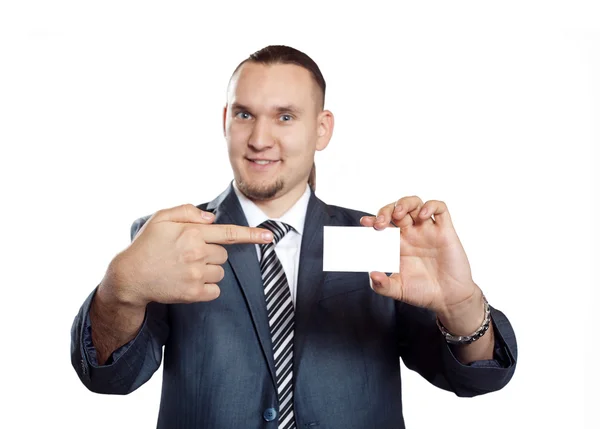 Geschäftsmann Zeigt Auf Leere Visitenkarte Auf Weißem Hintergrund — Stockfoto