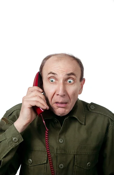 Military Man Speaking Phone Isolated White Background — Stock Fotó