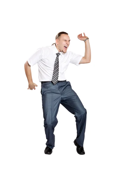 Feliz Hombre Negocios Bailando Gritando Aislado Sobre Fondo Blanco — Foto de Stock