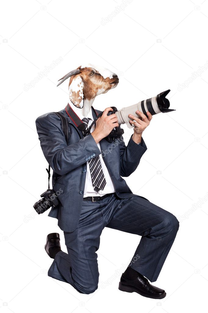 Business photographer with head of goat