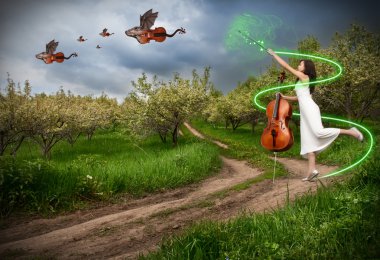 Woman with cello and dragon violins clipart