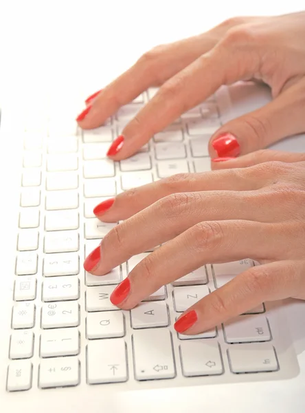 Die Hände der Frau auf der Tastatur des weißen Laptops — Stockfoto