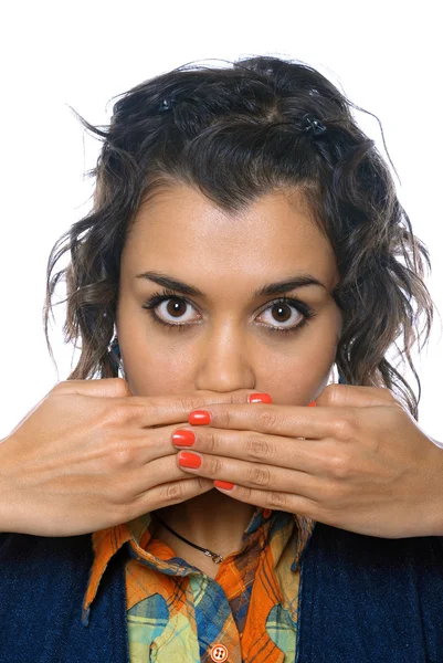 Young Girl Covering Her Mouth With Both Hands — Stock Photo, Image