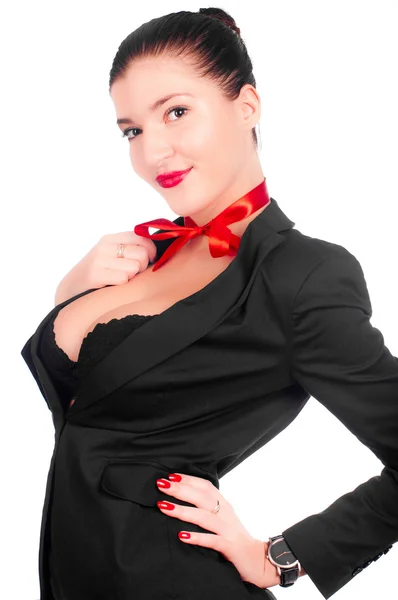 Beautiful Sexy Gril Black Anderwear Red Bow Her Neck Isolated — Stock Photo, Image