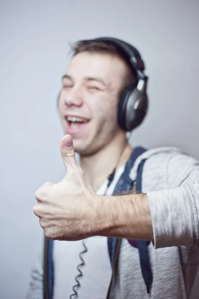 Guy Headphones Listens Music — Stock Photo, Image
