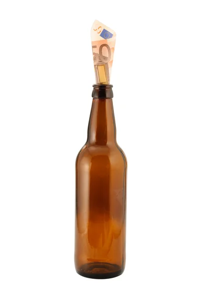 Empty beer bottle and money. Isolated on white background — Stock Photo, Image