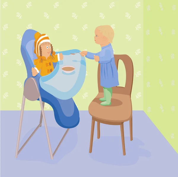 Child feeds a doll in highchair — Stock Vector