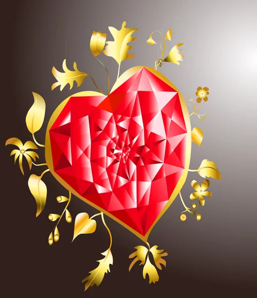 Gyllene hjärta med ruby — Stock vektor