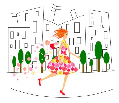 Running girl in dress with flowers clipart