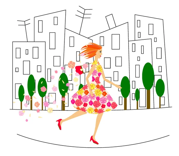 Running girl in dress with flowers — Stock Vector