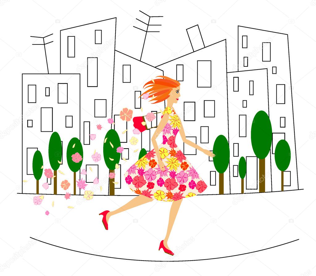 Running girl in dress with flowers