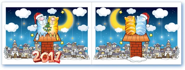 Новогодняя Почта Изображением Забавных Кошек Сидящих Крыше Заднем Плане Ночного — стоковое фото