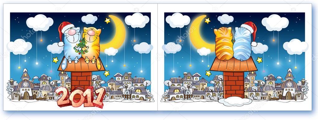 New-year postal with the image of funny cats sitting on a roof on a background a night city