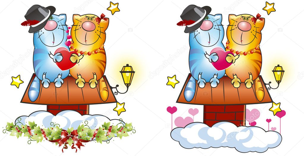 The image of funny cats sitting on a roof on a white background