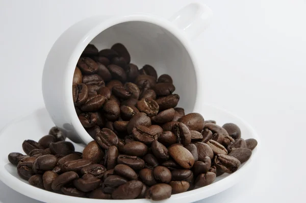 Beker Met Koffiebonen Witte Achtergrond — Stockfoto