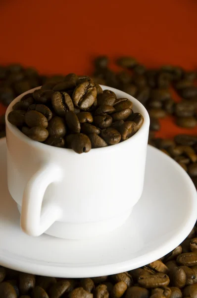Bílý šálek s kávovými zrny — Stock fotografie