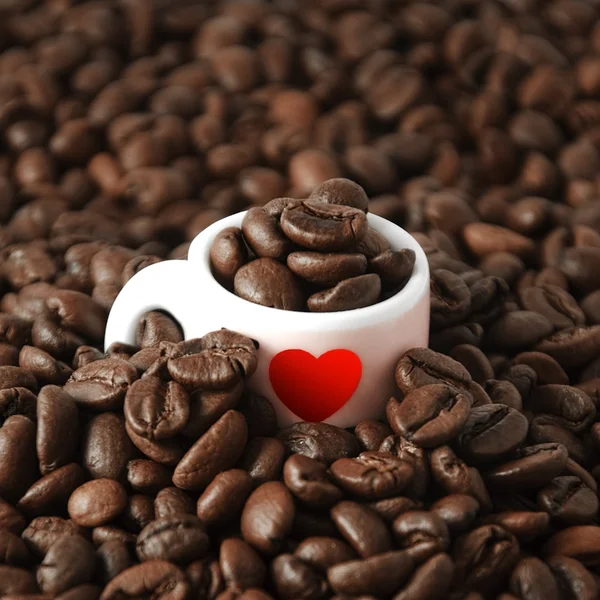 咖啡杯子与咖啡豆的心 — 图库照片
