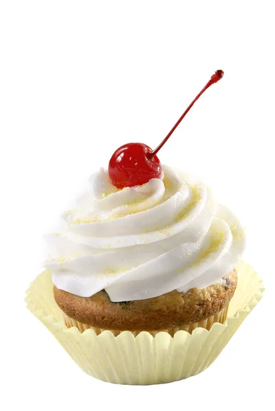 Cupcake Mirtilli Con Glassa Alla Vaniglia Ciliegia Rossa Spruzzi Gialli — Foto Stock