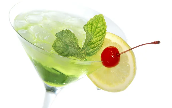 Groene Cocktail Met Schijfje Citroen Munt Rode Kers — Stockfoto