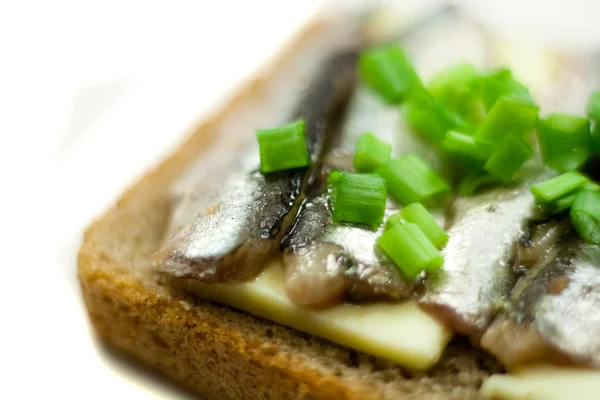 Sandwich with fish and spring onions — Stock Photo, Image