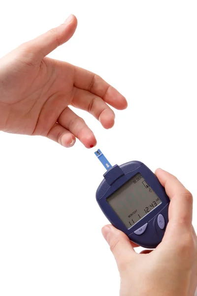 Woman Measures Glucose Level Blood Glucose Meter — Stock Photo, Image