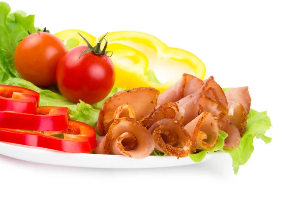 Slices Ham Red Yellow Paprika Leaves Green Salad Cherry Tomatoes — Stock Photo, Image