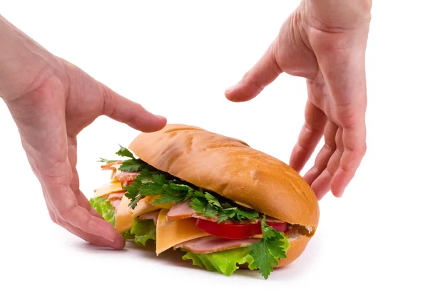 Sandwich Con Prosciutto Paprica Formaggio Mani Isolate — Foto Stock