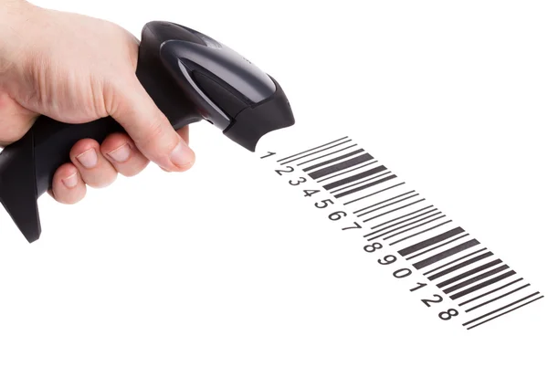 The manual scanner of bar codes in man hand — Stock Photo, Image