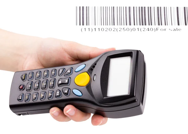 Scanner manual eletrônico de códigos de barras na mão da mulher — Fotografia de Stock