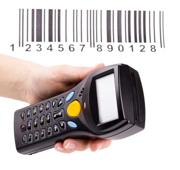 Electronic manual scanner of bar codes in woman hand — Stock Photo, Image