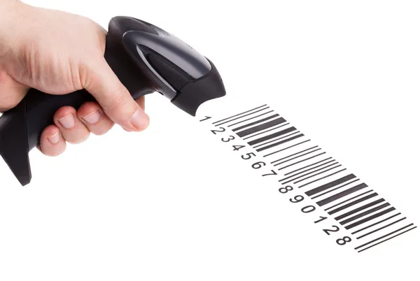 De handmatige scanner van streepjescodes in man hand Stockfoto