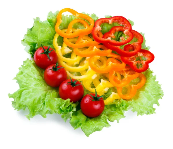 Mix Van Verse Groenten Uit Een Gekleurde Paprika Bladeren Van — Stockfoto