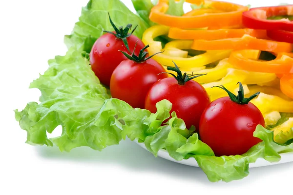 Mix Van Verse Groenten Uit Een Gekleurde Paprika Bladeren Van — Stockfoto