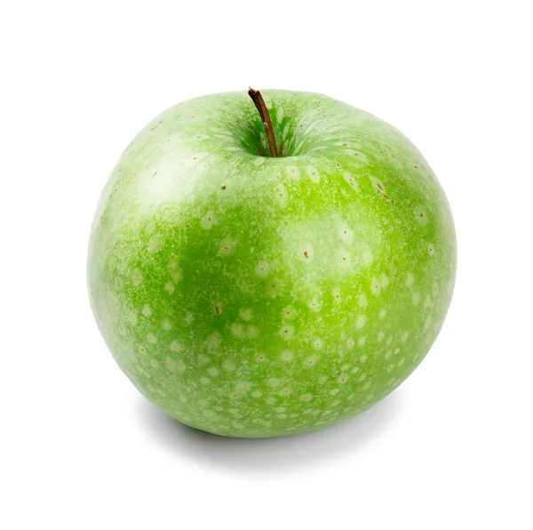 Maçã verde madura e suculenta uma haste para cima isolada em um fundo branco — Fotografia de Stock