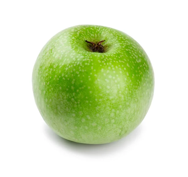 Maçã verde madura e suculenta uma haste para baixo isolada em um fundo branco — Fotografia de Stock