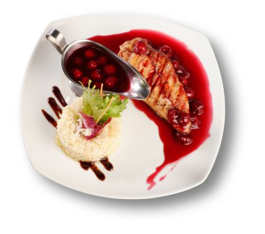 Delicious beef with cherry sauce. File includes clipping path for easy background removing clipart